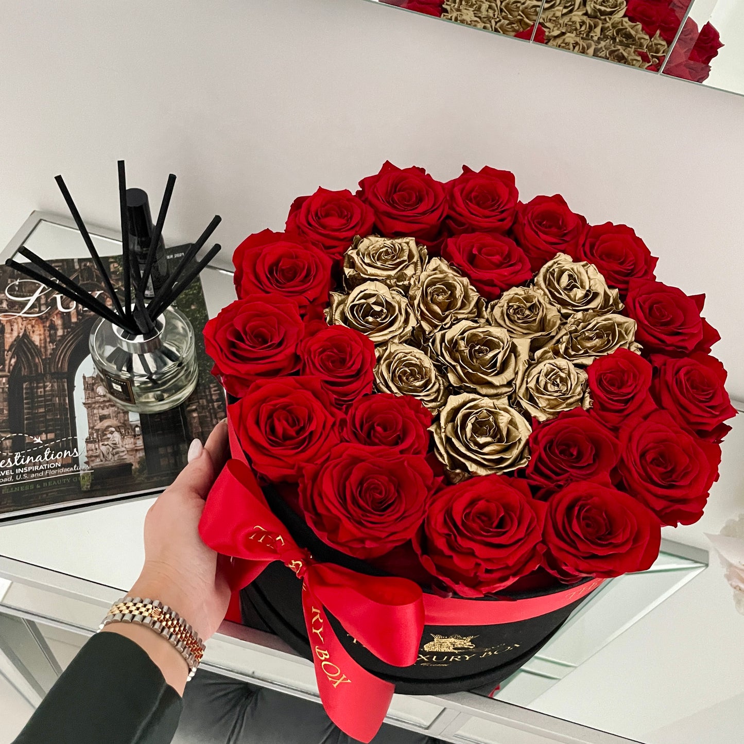 Large Box Gold Heart with Eternal Roses ❤️🔥🌹