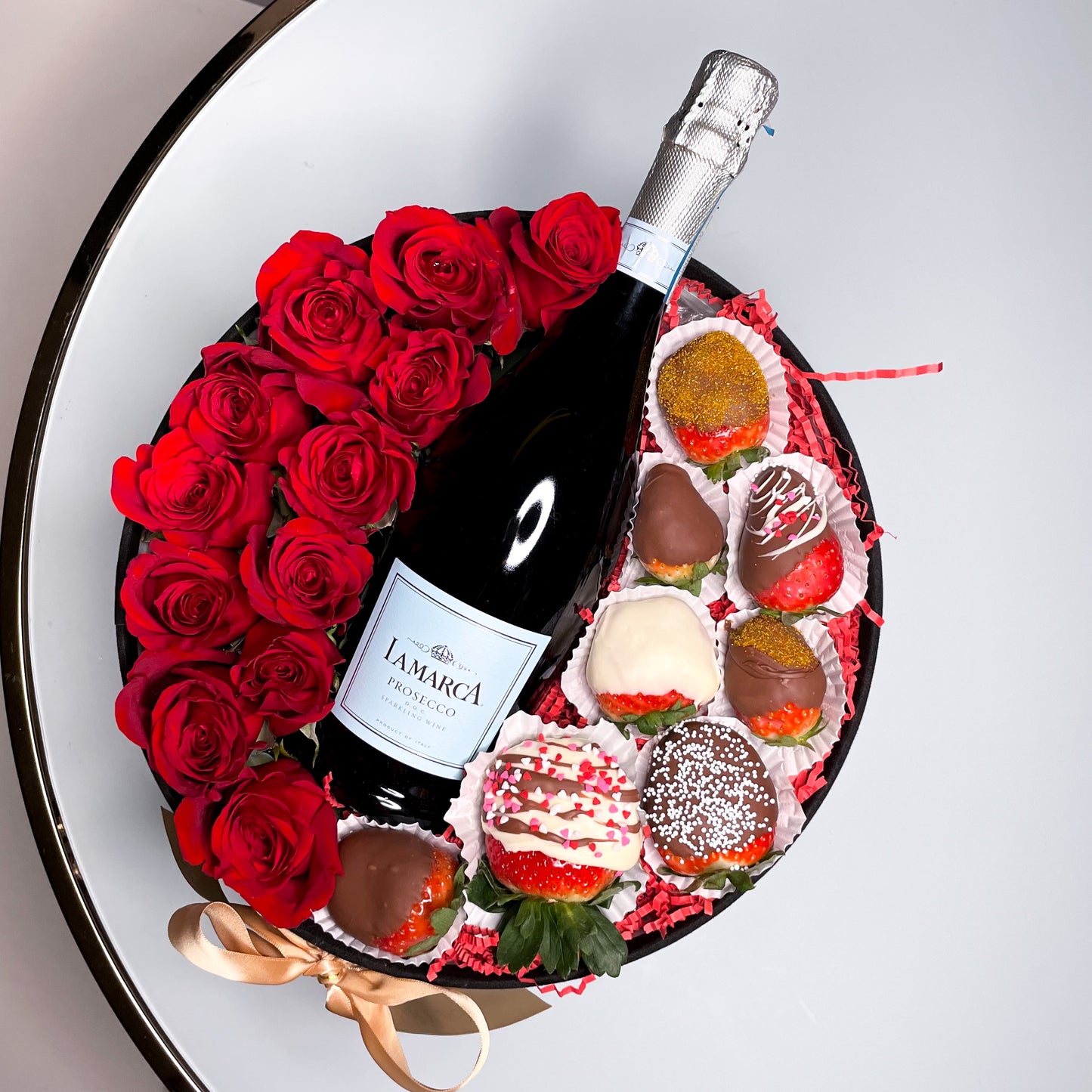 Large Box With Roses, Chocolate Covered Strawberries and Champagne