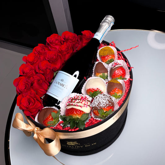 Large Box With Roses, Chocolate Covered Strawberries and Champagne